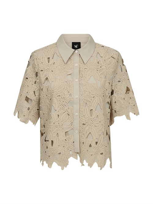 NÜ Decia Skjorte med Kort Ærme, Broderi, Lys sand